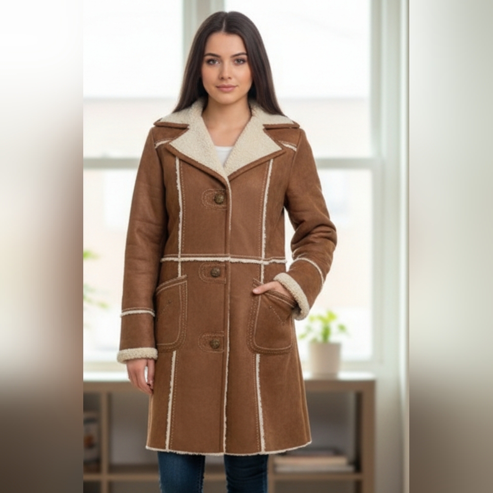 Brown Shearling Coat with White Trim